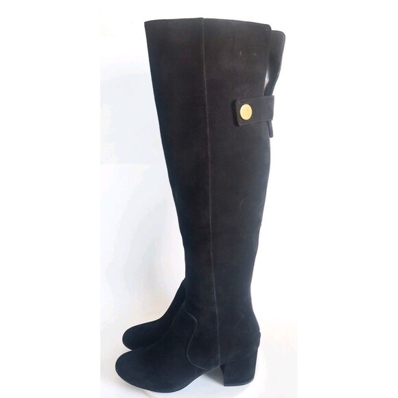 Nine West Knee High Boots Size 7.5 Black Suede Leather Block Heel Zip Riding - Picture 6 of 16